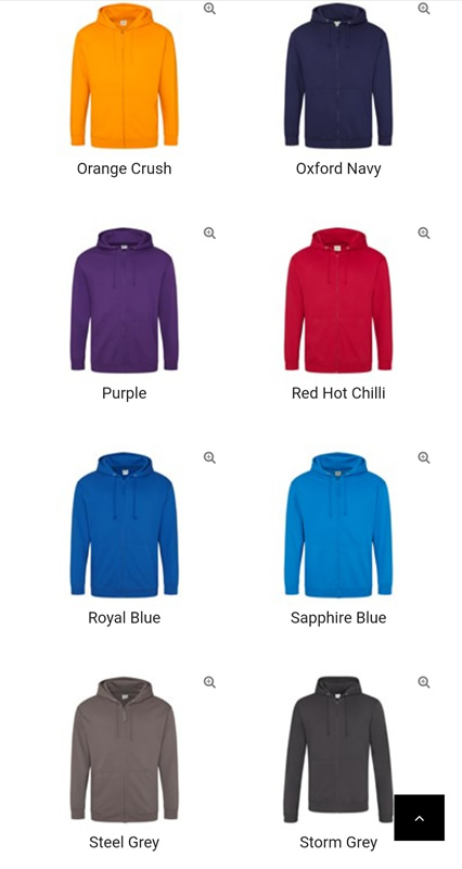 Zip hoodies in colours Orange Crush, Oxford Navy, Purple, Red Hot Chilli, Royal Blue, Sapphire Blue, Steel Grey, Storm Grey