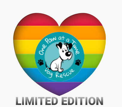 Rainbow Pride love heart shape containing One Paw logo