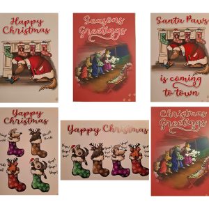 A selection of Christmas cards showing cartoon dogs